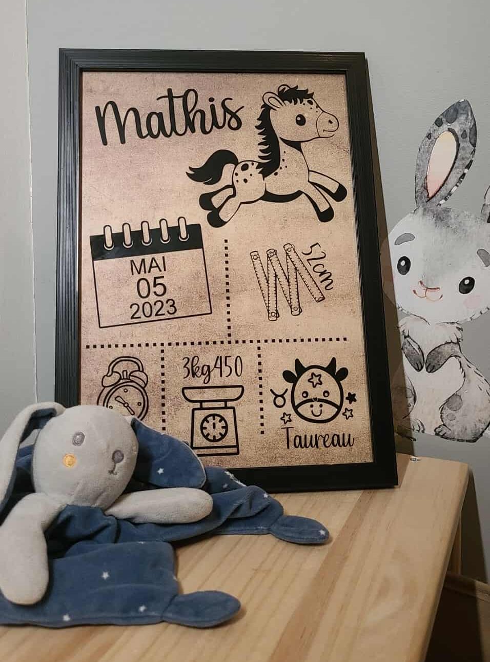 Cadre de naissance personnalisé au prénom et aux valeurs de naissance de Mathis – modèle Tata Créa