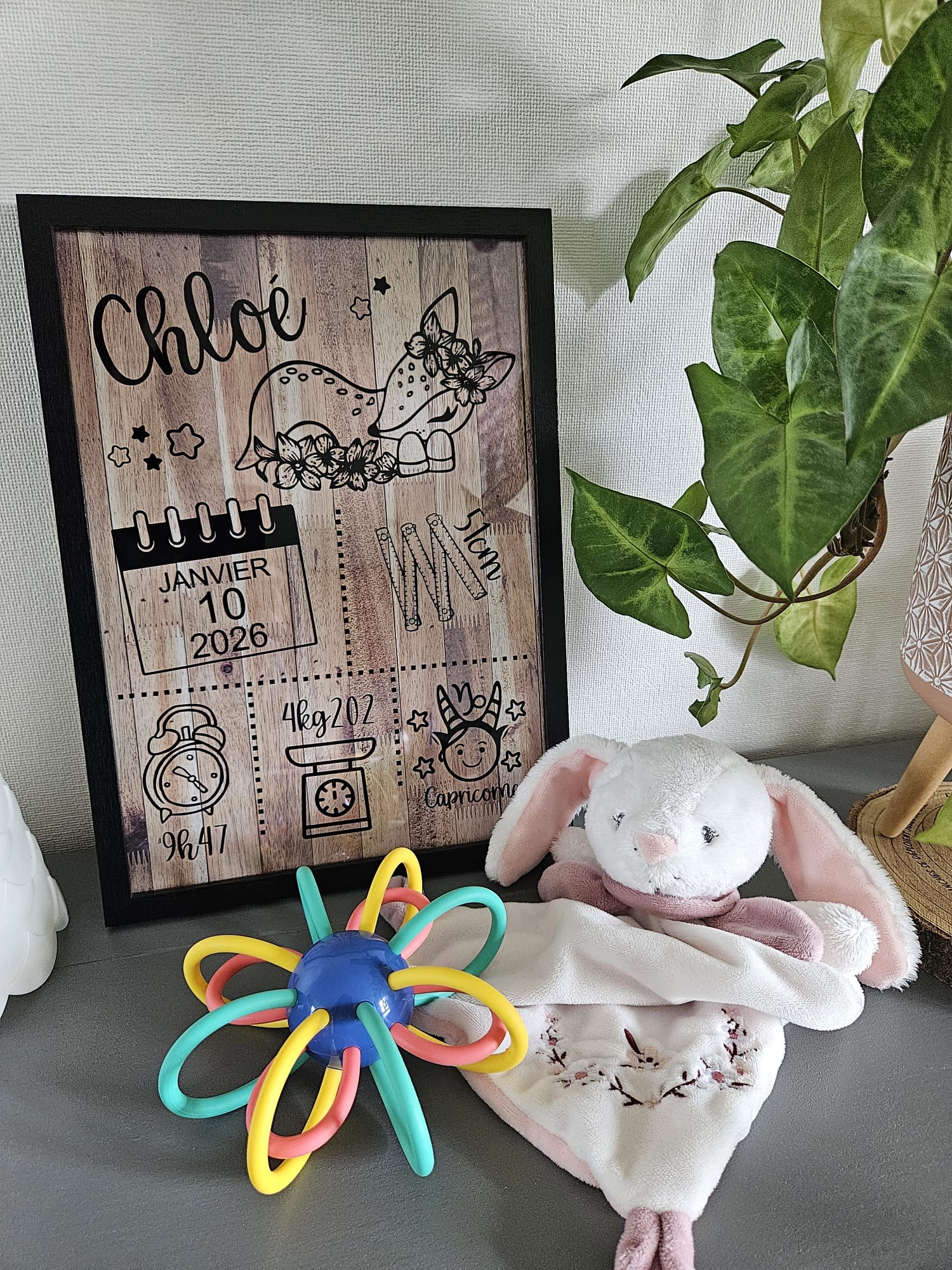 Cadre de naissance personnalisé au prénom et aux valeurs de naissance de Chloé – modèle Tata Créa