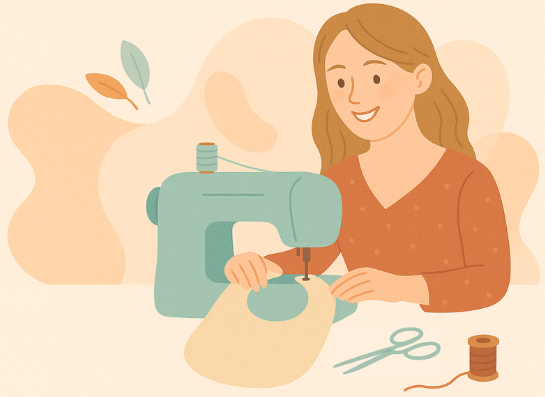 Illustration représentant une femme aux cheveux ondulés châtain clairs, en train de coudre un bavoir avec sa machine à coudre bleue. Des ciseaux et une bobine de fil se trouvent à côté d'elle. Elle est assise à un bureau.