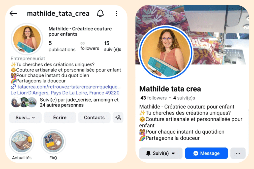 Capture écran de la page instagram et facebook de Tata créa
