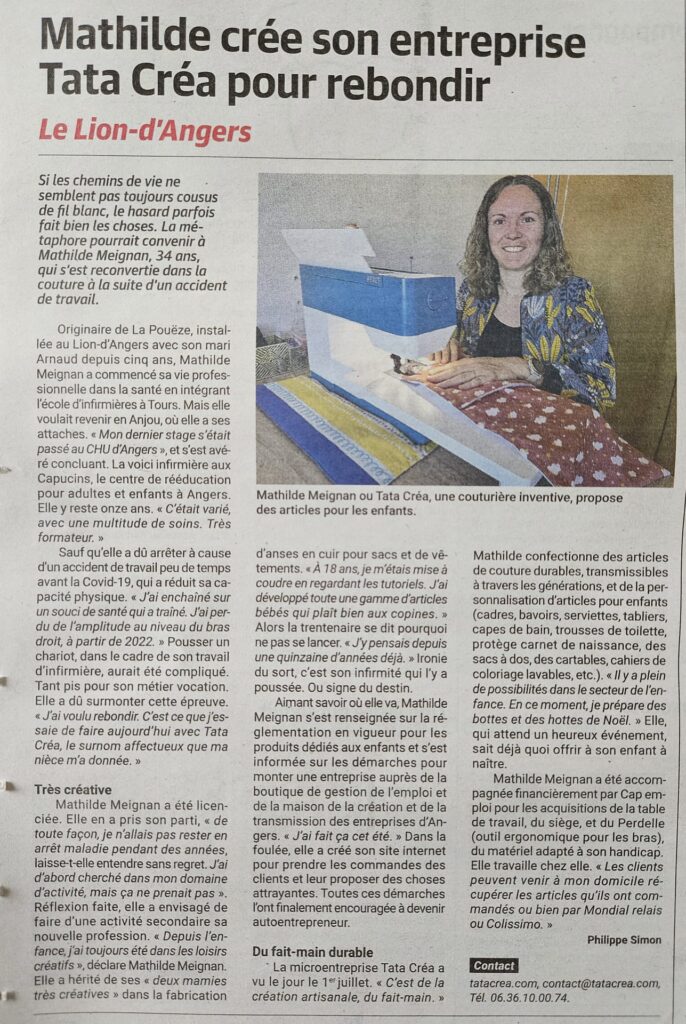 Article de presse paru dans le journal Haut Anjou, mettant en avant le parcours de Mathilde jusqu'à la création de l'entreprise Tata créa