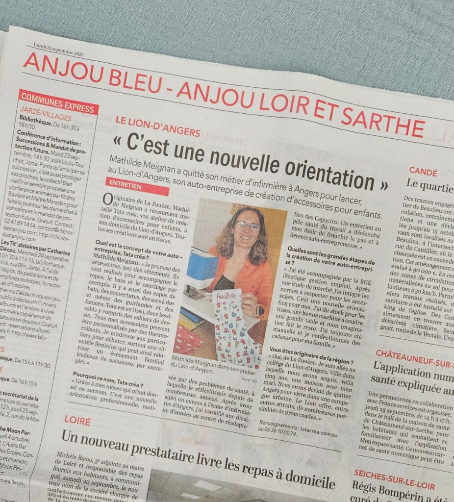 Article de presse paru dans le journal Le courrier de l'Ouest, mettant en avant le parcours de Mathilde jusqu'à la création de l'entreprise Tata créa