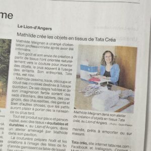 Article de presse paru dans le journal Ouest France, mettant en avant le la passion de la couture qui anime Mathilde, créatrice de la marque Tata créa