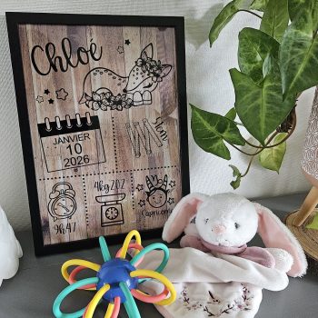 Cadre de naissance personnalisé au prénom et aux valeurs de naissance de Chloé – modèle Tata Créa